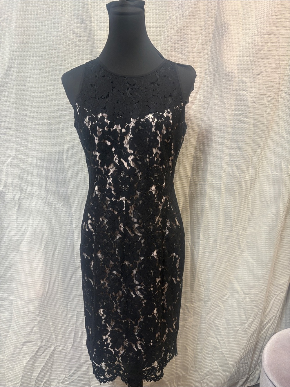 White House Black Market Black Lace Sheath Dress with Nude Lining